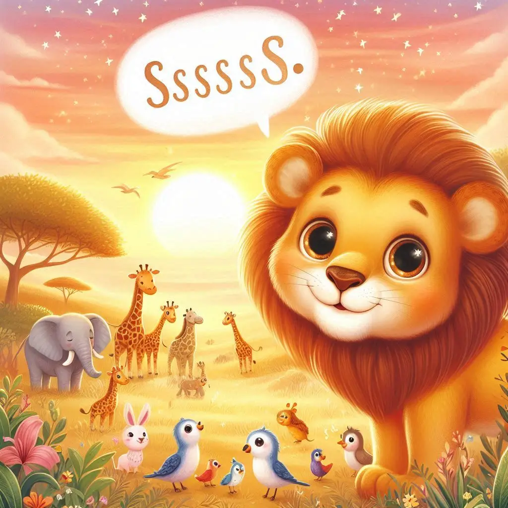 Um leão amigável na savana ao pôr do sol, com olhos curiosos e sorriso suave, aprendendo a sussurrar
